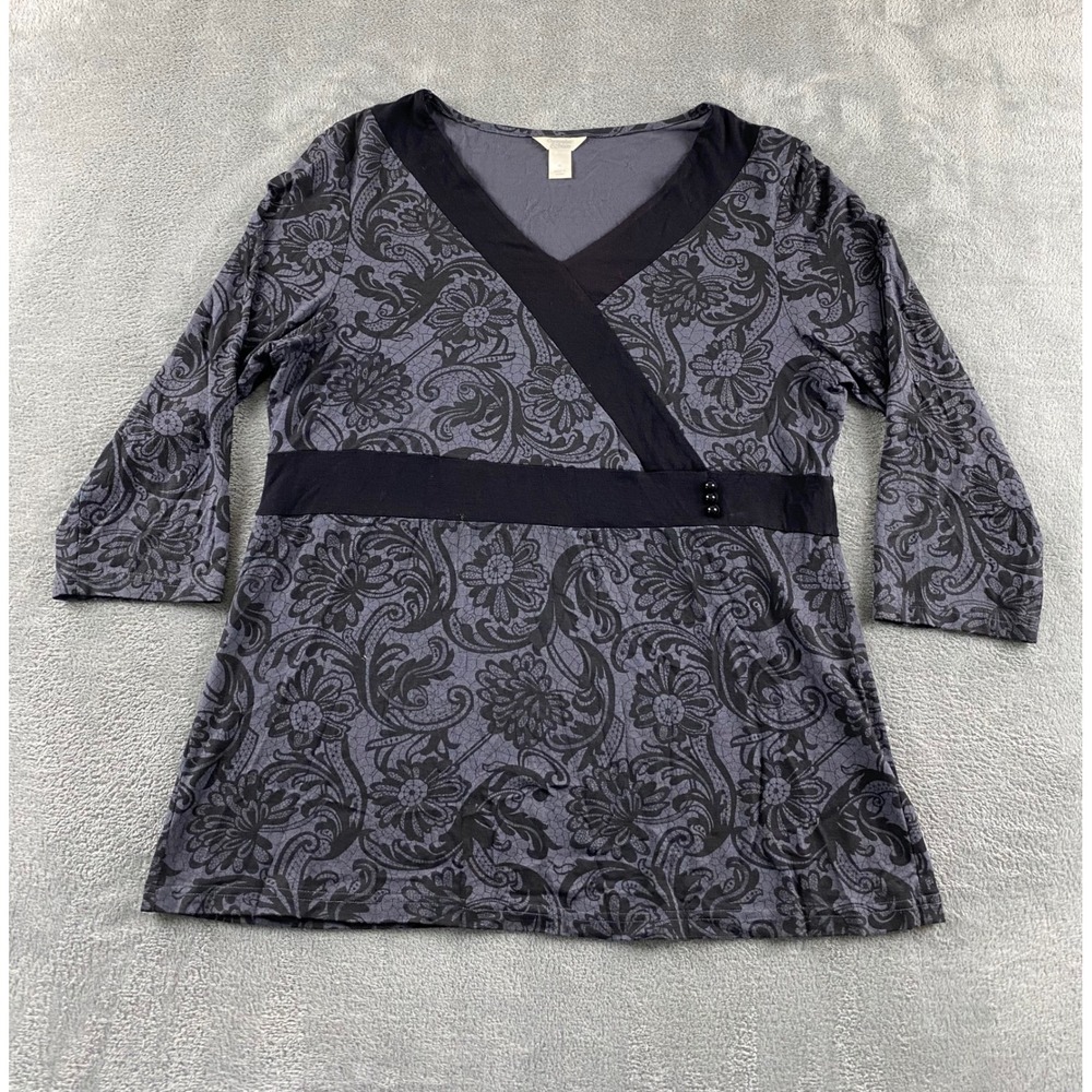 Christopher & Banks Womens XL Grey Black Floral Paisley Faux Wrap 3/4 Sleeve Top